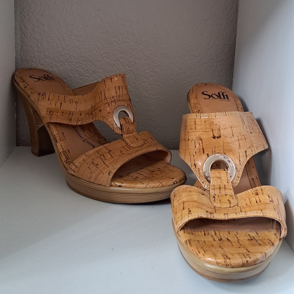 Sofft Leather Cork Strappy Heeled Mules Sandals Size 10